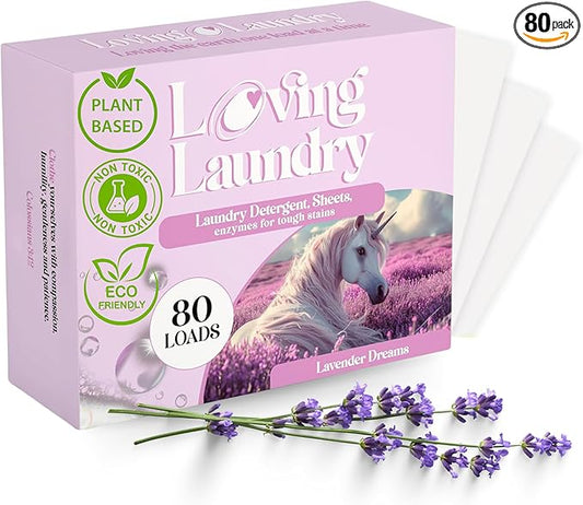 LOVING LAUNDRY- Detergent Sheets Strip Laundry Soap - Clean Safe Ingredients Ultra Concentrated Stain fighting Enzymes -(80 Loads) Lavender Dreams Scent