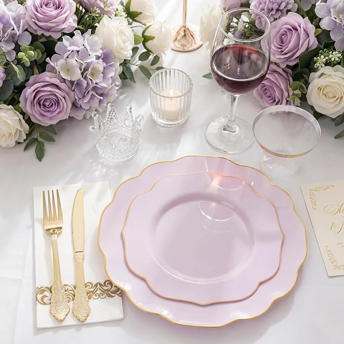 NOCCUR 175PCS Purple Plastic Plates with Gold Disposable Silverware - Include 50 Lavender and Gold Plastic Plates,25 Knives,25 Forks,25 Spoons,25 Cups and 25 Napkins - Mother's Day/Spring Party