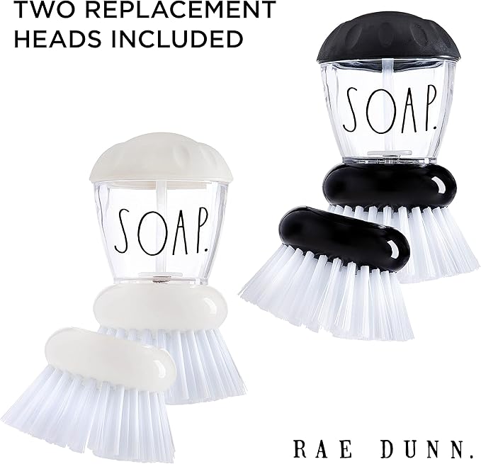 Rae Dunn Collection Soap Dispensing Dish Brush Set - Set of 2 Palm Brush Dish Scrubber with 2 Replacement Brush Heads