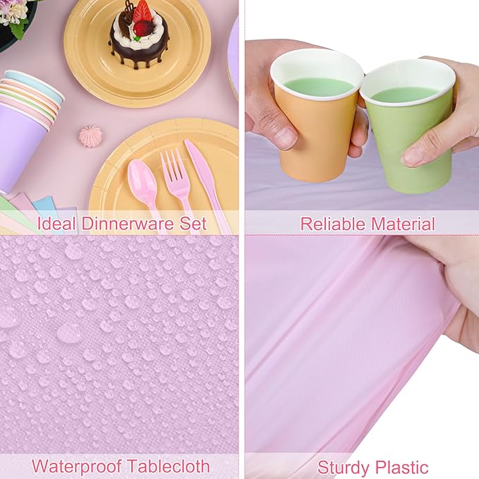 Kochorie 169 Pieces Pastel Party Supplies Disposable Dinnerware Set Include Plates and Cups Napkins Plastic Forks Knives Spoons Tablecloth for Wedding Birthday Party Decorations, Serve 24 Guests
