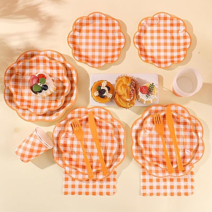 175 Pcs Orange and White Gingham Party Supplies - Orange Gingham Paper Plates and Napkins Sets Serve 25 - Disposable Scalloped Checkered Plates for Birthday Dinner Picnic BBQ Fall Party Decorations
