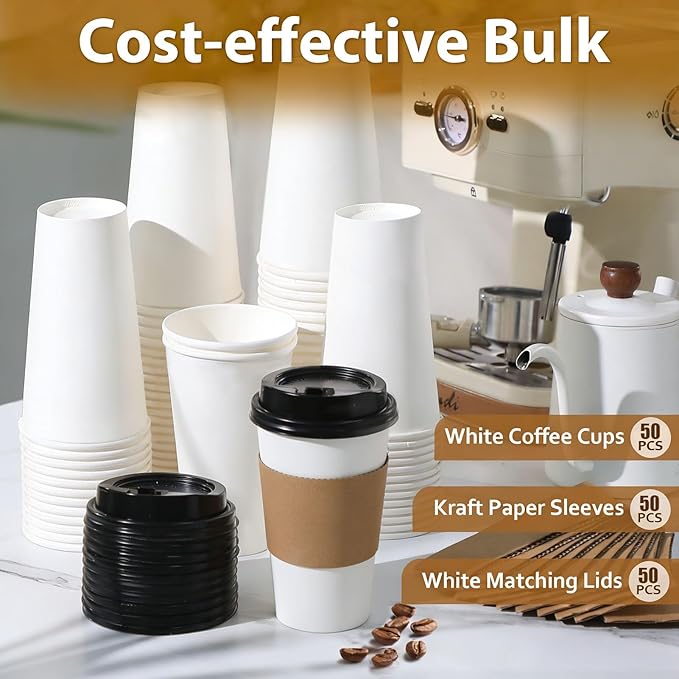 Clawsoff 50 Pack 20 oz Disposable Coffee Cups with Lids and Insulated Sleeves, Leak-free Paper and Sturdy Thick Paper Hot to Go Coffee Cups with Lids for Cold/Hot Beverage (White)