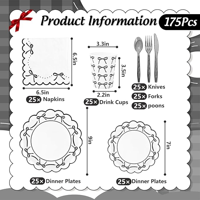 JarThenaAMCS 175 Pcs Black Bow Party Supplies Kit Scalloped Bowknot Tableware Set Disposable Dinnerware Paper Napkin Plate Cup Spoon Fork Knife for 25 Guests Party Favor
