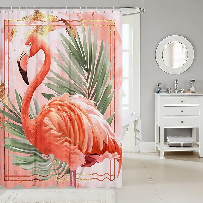 Feelyou Flamingo Bath Curtain Kids Tropical Flamingo Pattern Shower Curtain Boys Girls Decor Animal Decor Bathroom Shower Curtain Set Polyester Bird Print Pink Kids Bathroom Accessories 72"x84"