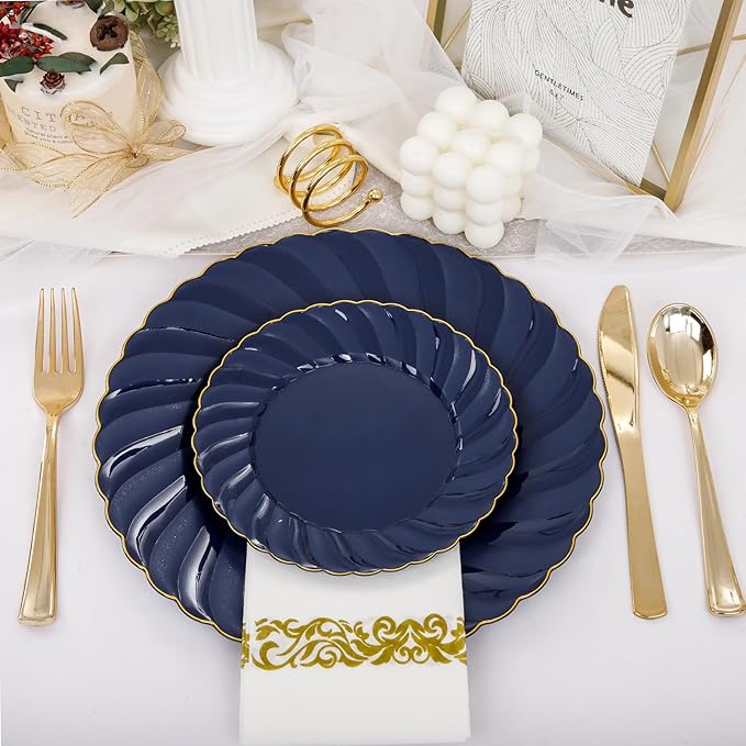 YOUBET 150PCS Blue Plastic Plates - Gold Plastic Silverware - Heavy Duty Navy Blue Disposable Plates include 50 Plates, 25 Forks, 25 Knives, 25 Spoons, 25 Napkins for Wedding Birthday Parties
