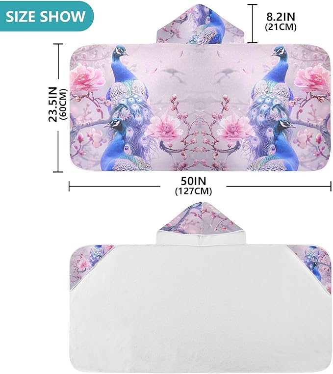 Hooded Towel for Kids A Pair of Pale Blue Peacocks Beach Wrap Bath Towels 50x23.5in