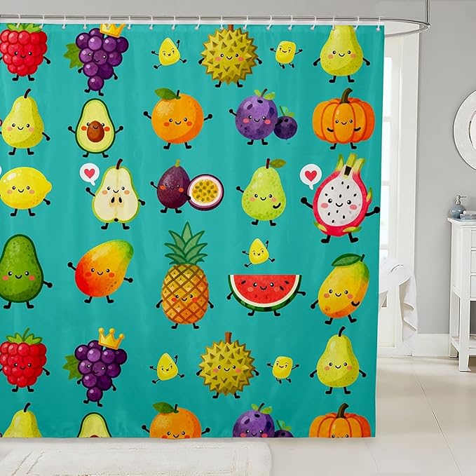 Kawaii Bath Curtain 72"Wx72"L Cute Cartoon Fruit Shower Curtain for Kids Child Girls Watermelon Pineapple Orange Bathtubs Shower Curtain Set Durian Raspberry Pumpkin Dragon Fruit Kawaii Room Decor