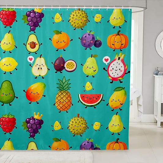 Kawaii Bath Curtain 72"Wx72"L Cute Cartoon Fruit Shower Curtain for Kids Child Girls Watermelon Pineapple Orange Bathtubs Shower Curtain Set Durian Raspberry Pumpkin Dragon Fruit Kawaii Room Decor