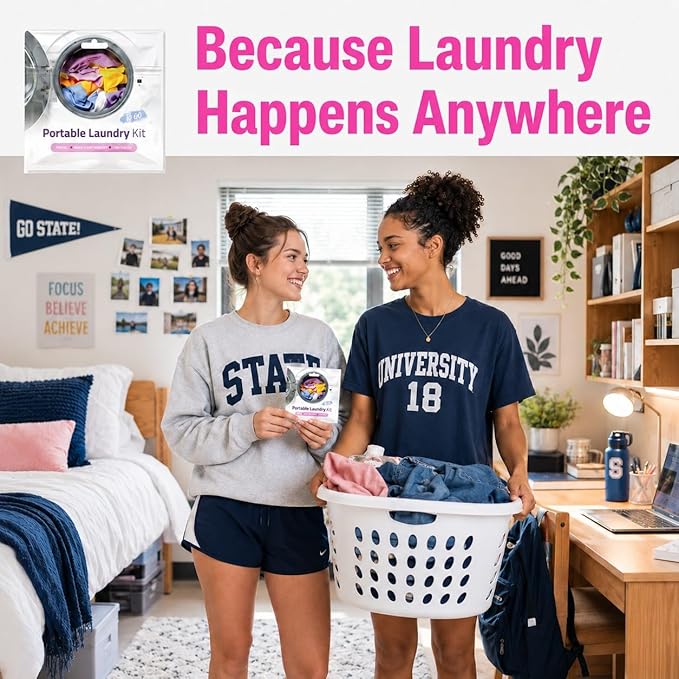 Portable Laundry Kit – Travel Clothes Cleaning Essentials with Liquid Detergent, Stain Remover Wipe, Dryer Sheet & Laundry Bag – Bulk Supply for Motels, Camping & Charities (10 Packs)