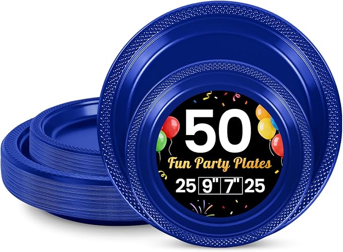 LANLISA 50 Pcs Royal Blue Plastic Plates For Party, 25-9" & 25-7" Disposable Cake Dessert Plates For Birthday, Graduation, Veterans Day Dinner