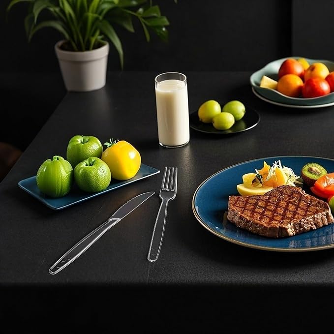 SACATR 100 Count Disposable Plastic Forks,Heavy Duty Plastic Forks, Clear Plastic Silverware, BPA-Free, Heat Resistant, Suitable for Parties, Events and Everyday Use