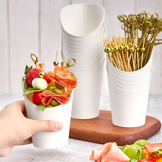 ZORRITA 50 Sets 14 oz Charcuterie Cups with Sticks and Bags, Individual White Paper Charcuterie Boxes Disposable Individual Appetizer Serving Cups (50 Cups + 200 Cocktail Picks + 50 Bags + 50 Ties)