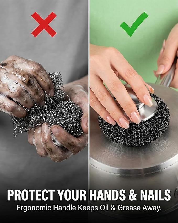 5 Pack Stainless Steel Wool Scrubber Set - Heavy Duty Metal Sponge Scouring Pad for Cast Iron Skillet,Grill,Pots,Cookware,Dish - Include Short & Long Handle & 3 Pads Protects Hands & Nails