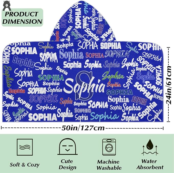 Custom Kids Hooded Beach Towel with Name, Swimsuit Cover-up Wrap Travel Holiday Bath Towel with Snaps, One Size, Royal Blue Background