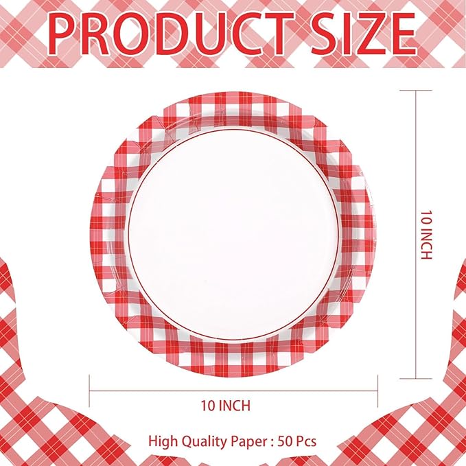 50 Pcs Red and White Gingham Paper Plates 10" Heavy Duty Red Gingham Checkered Plaid Dessert Plates Disposable Gingham Party Supplies for Summer Pizza BBQ Picnic Baby Shower Birthday Party Decorations