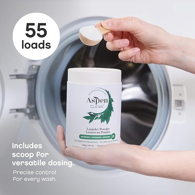 AspenClean | Laundry Powder + Booster 2-in-1 | Eucalyptus | | 55 Loads | Hyper Concentrated | Stain & Odor Removal Enzyme Booster | Non - Toxic | 100% Natural | EWG Verified