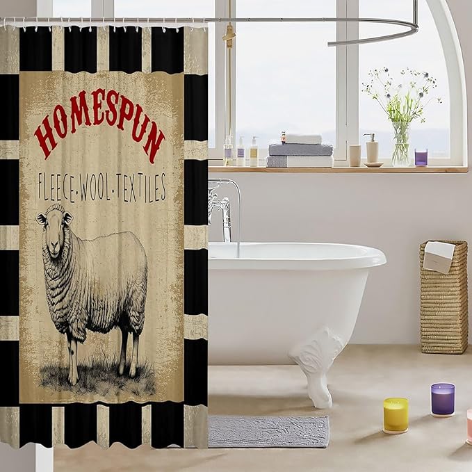 Feelyou Farm Shower Curtain Rustic Farmhouse Sheep Pattern Comforter Cover for Kids Teens Buffalo Check Bath Curtain Waterproof Farm Animal Pattern Kids Bathroom Accessories 72"x78"