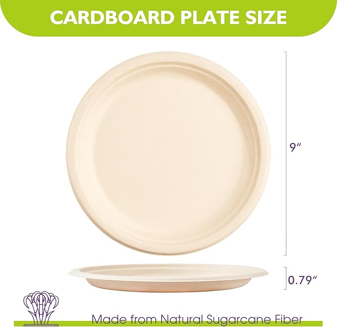 9 Inch 125 Pack Compostable Paper Plates, Biodegradable Heavy Duty Disposable Plates, Round Unbleached Brown Plates Made from Natural Sugarcane Fibers, for Party, Camping, Picnic