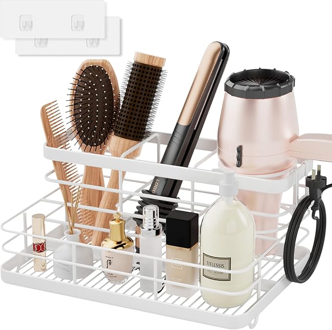VITVITI Metal Hair Tool Organizer Wall Mounted, Hair Dryer Holder Basket Storage, Bathroom Sink Organizer Countertop for Vanity Makeup Brush/Hair Straightener/Styling Tools, White, Stand