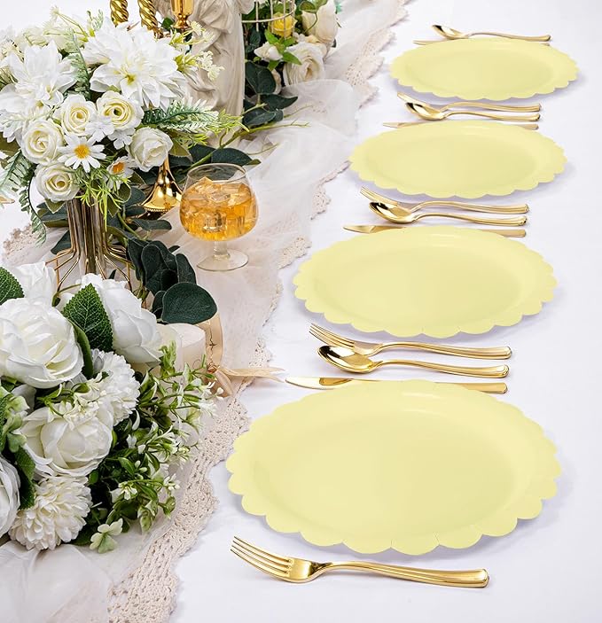 HEIPINIUYE 25 Pieces Yellow Paper Plates 7 Inch Yellow Scalloped Plates Disposable Dinner Plate for Wedding Baby Shower Birthday Party Dessert Plate