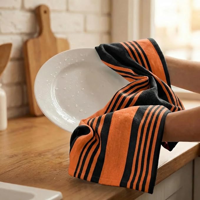 Urban Villa Halloween Kitchen Towels 100% Cotton Set of 6 Dish Towels - 20x30 Inches Highly Absorbent Quick Drying Dish Towels for Kitchen with Hanging Loop Hand & Tea Towels (Orange & Black Striped)