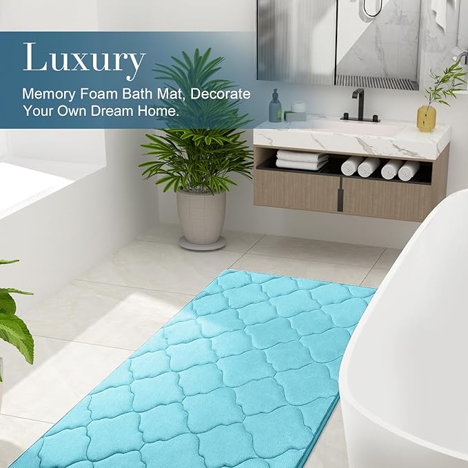 OLANLY Memory Foam Bath Mat Rug 70x24, Ultra Soft and Absorbent Bathroom Rugs, Non-Slip, Comfortable, Machine Washable Bath Carpet for Bathroom Floor, Tub, Shower and Home Decor Accessories, Sky Blue