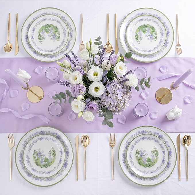 30Pcs Clear and Purple Plastic Plates - Purple Lily of the Valley Plates Disposable Heavy Duty, Perfect for Weddings, Tea Parties, Holidays - 10.25" Dinner & 7.5" Dessert Plastic Plate