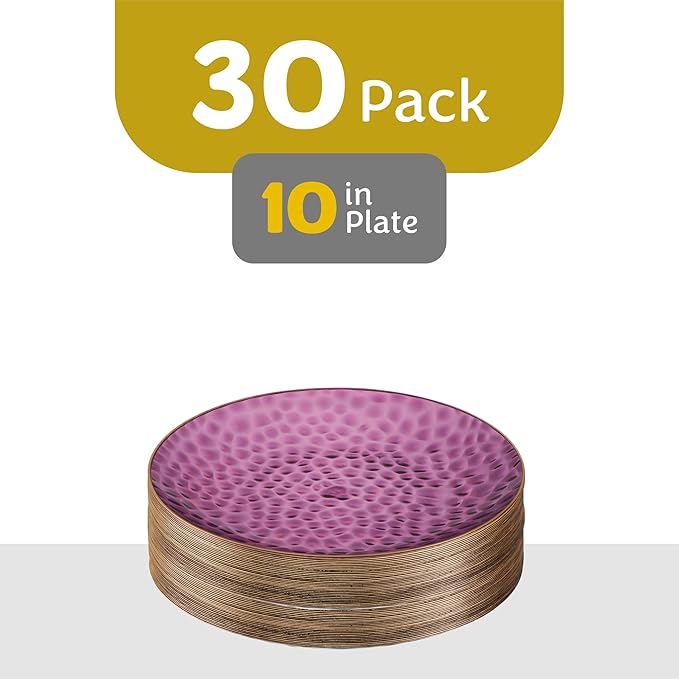 PLASTICPRO 30 Pack Hammered Plastic Plates Heavyweight Disposable Elegant Translucent Purple Hammered Platsic Party Dishes with Gold Rim (Hamered Purple With Gold Rim, 10'' INCH PLATES)