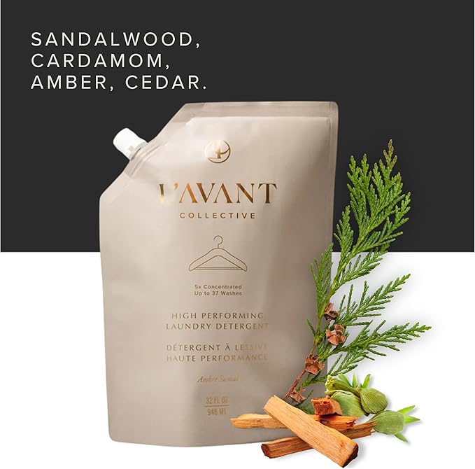 L'AVANT Collective Luxury Laundry Detergent Refill | Eco-Friendly, 75% Less Plastic | Ambre Santal | Natural Non-Toxic Liquid Laundry Soap with Enzymes | Plant-Based, HE Compatible | 32 oz