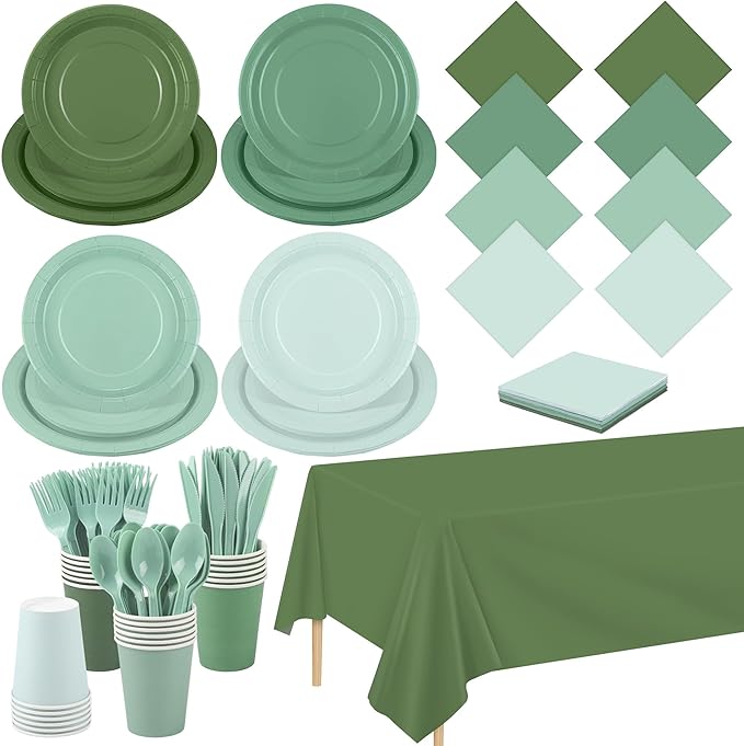 Kochorie 169 Pieces Sage Green Party Supplies Gradient Green Disposable Dinnerware Set Include Plates, Cups, Napkins Plastic Cutlery, Tablecloth for Wedding Birthday Party Decorations, Serve 24 Guests