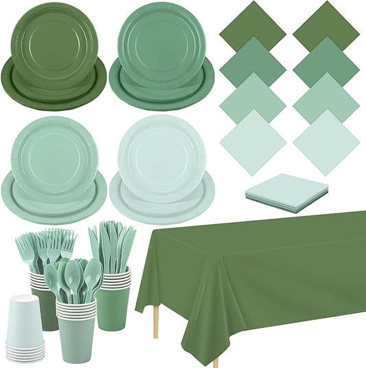 Kochorie 169 Pieces Sage Green Party Supplies Gradient Green Disposable Dinnerware Set Include Plates, Cups, Napkins Plastic Cutlery, Tablecloth for Wedding Birthday Party Decorations, Serve 24 Guests
