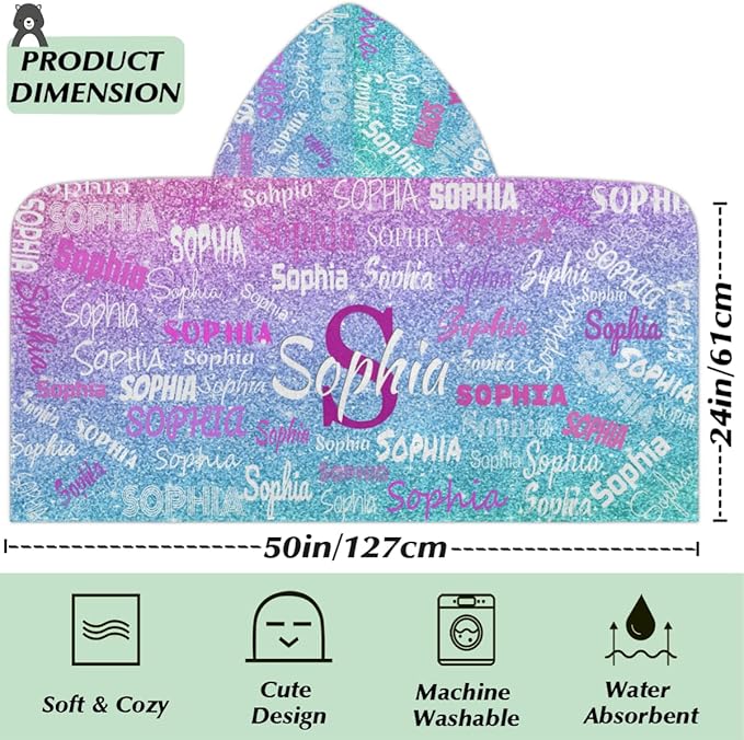 Personalized Hooded Beach Towels for Kids, Custom Beach Towels with Names, Customize with Your Name, Kids Bath Towel Hooded, Watercolor Blue Purple Glitters Print