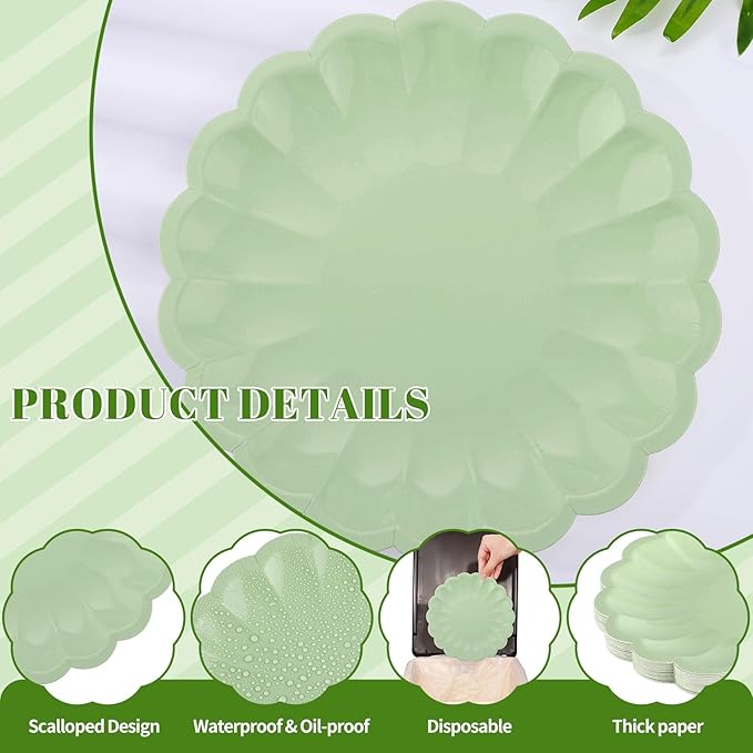 NatNarr 30 Pcs Sage Green Paper Plates 9.5 In Green Plates Disposable Heavy Duty Scalloped Party Plate with Shell Edge for Wedding Birthday Bridal Shower Baby Shower