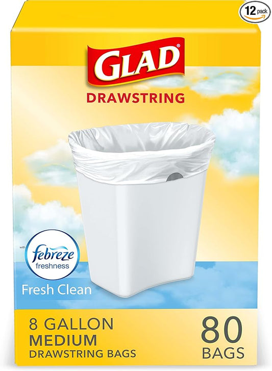 Glad Medium Trash Bags, 8 Gallon, Febreze Fresh Clean Garbage Bags, With Odor Control and Drawstring, 80 Count (Pack of 12)