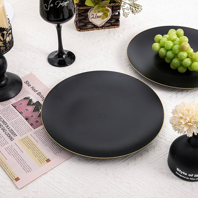 EI 80pcs Black and Gold Dinner Plates Disposable 10.25inch,Plastic Party Graduation Plates with Gold Rim,Black Plastic Matte plate Frosted Disposable Heavy Duty,Elegant for Wedding/Graduation