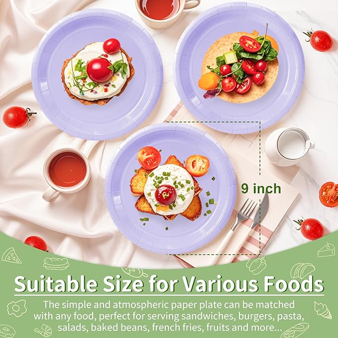 50 Pcs Light Purple Paper Plates, 9 Inch Disposable Dessert Plates for Valentines,Tea Party, Baby Shower, Birthday, Wedding, Graduation, Picnic, BBQ, Party