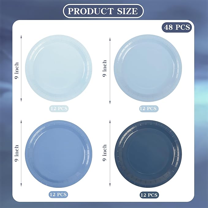 AimFun 48Pcs Dusty Blue Paper Plates Gradient Blue Party Plates 9 Inch Disposable Pastel Birthday Plates Round Dinner Dessert Plates for Wedding Baby Bridal Shower Party Supplies Tableware Decor