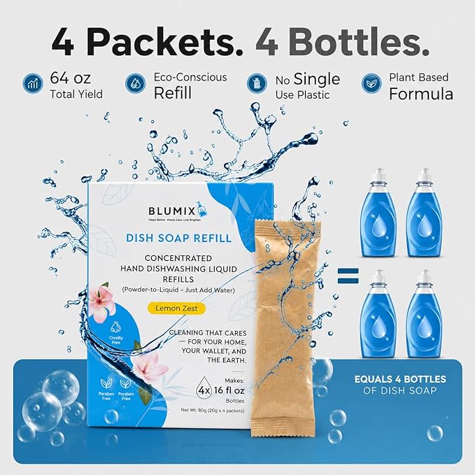 Dish Soap Refill Powder-to-Liquid Concentrate, Just Add Water, Lemon Scent, 4 Packets Make 4 x 16 fl oz Bottles, Grease-Fighting, Plastic-Free