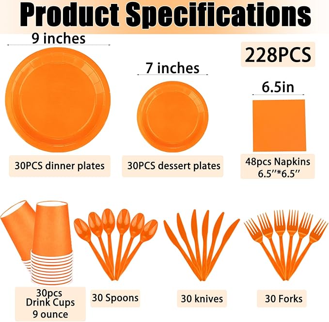 228PCS Orange Party Supplies Set Include Paper Plates Cups Paper Napkins Plastic Spoons Forks Knives for 30 Guests Disposable Party Dinnerware for Birthday Wedding Family Picnic