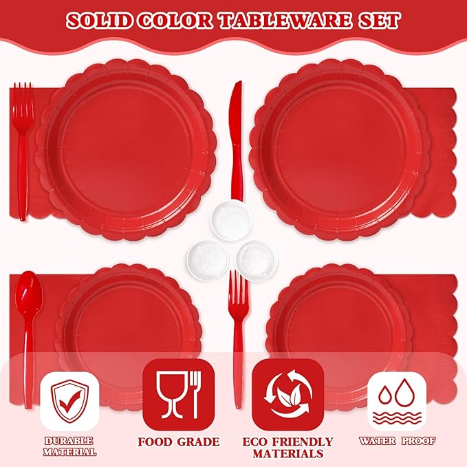 Vyntra 350 Pcs Red Disposable Paper Plates and Napkins Set for 50, 9" Dinner Plates & 7" Dessert Plates, Tableware for Christmas, Valentine’s Day, Birthday, Party