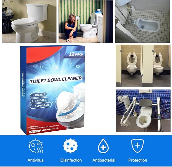Toilet Bowl Cleaner Tablets 12 Packs, Household Toilet Cleaner with Bleach for Deodorizing and Descaling, Bathroom Cleaner Fresh Scent, Compatible with effective to use Works with Toilets
