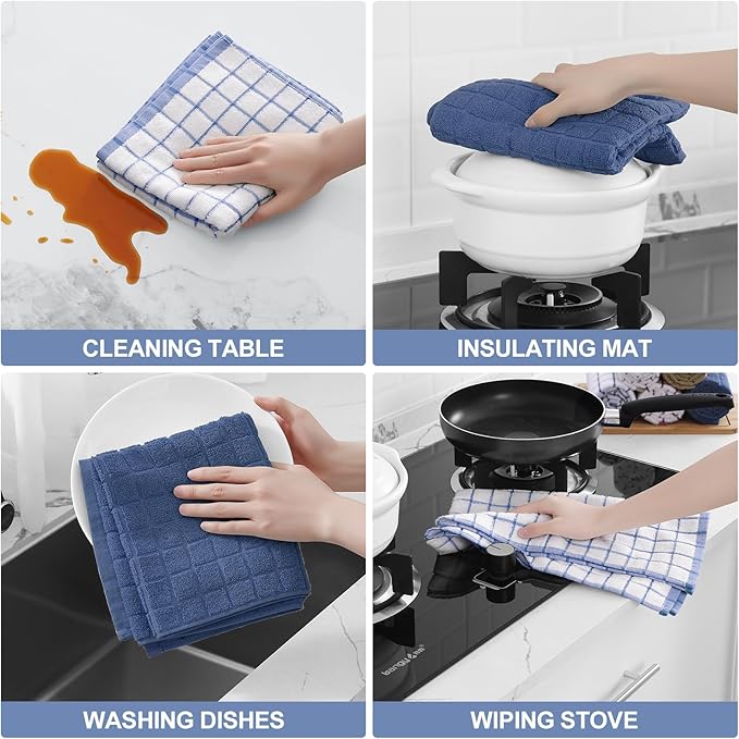 Homaxy Premium Cotton Kitchen Towels 16"x 28", Large Natural Ring Spun 390 GSM Dish Towels, Super Absorbent Terry Kitchen Hand Towels, Soft Tea Towels with Hanging Loop, Navy Blue Check Design, 4 Pack