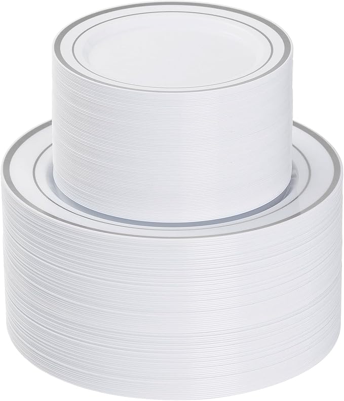Goodluck 200PCS Silver Plastic Plates,Heavy Duty Disposable Silver Plates with 100 10.25 inch Dinner Plates and 100 7.5 inch Dessert Plates, Disposable Plates for Party, Holiday, Wedding