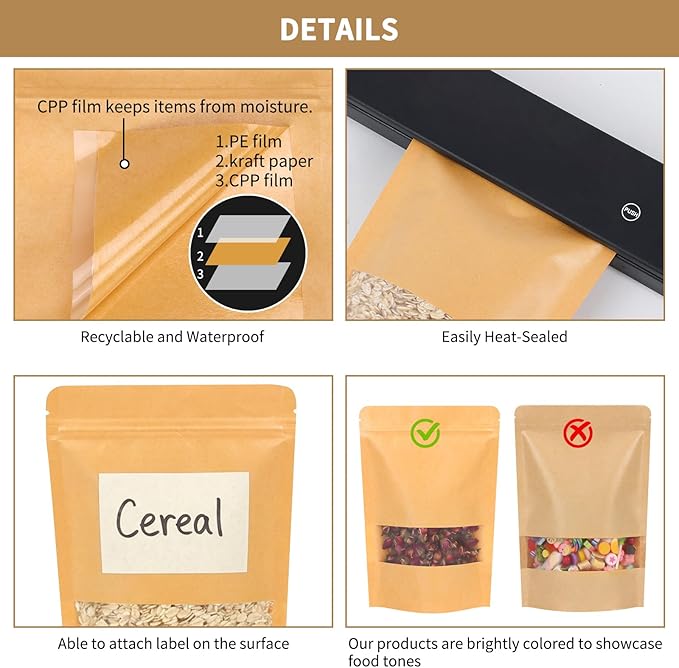 Moretoes 72pcs 5.9x8.6 Inches Kraft Paper Resealable Bags for Small Business, Stand Up Pouches, Food Packaging Bags with Window, Ziplock Coffee Pouches for Small Business