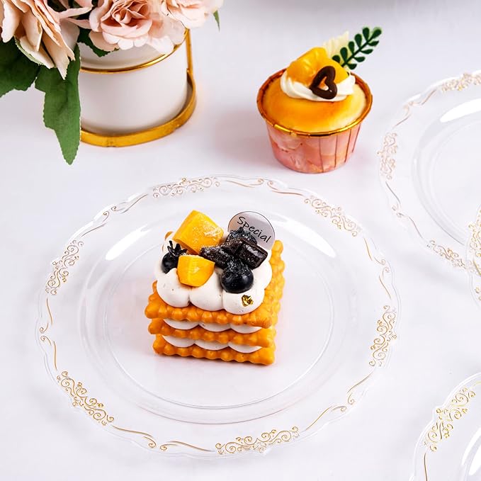 LIYH 200 Pcs Clear Gold Plastic Dessert Plates 7.5"and Cake Forks 5" - Clear Small Cake Plastic Plates and Gold Forks for Parties Wedding Birthday