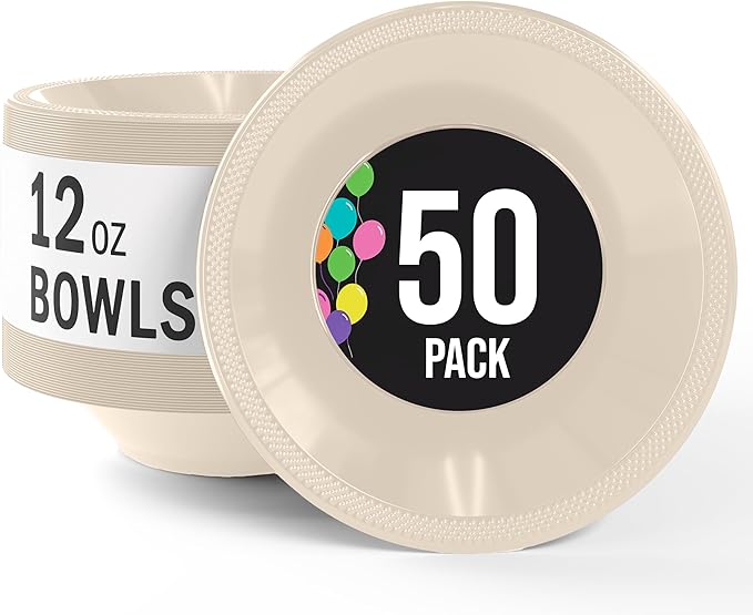 Party Solids 12 Oz Ivory Plastic Bowls Disposable Bowls for Hot Food Soup 50 Pcs - For Soup, Salad, Cereal, Desserts & Party Supplies