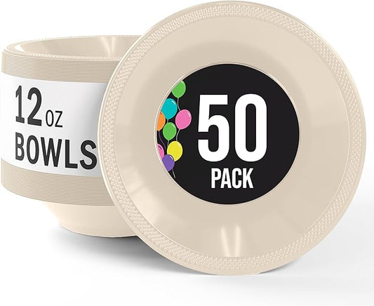 Party Solids 12 Oz Ivory Plastic Bowls Disposable Bowls for Hot Food Soup 50 Pcs - For Soup, Salad, Cereal, Desserts & Party Supplies