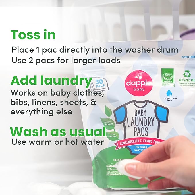 Dapple Baby Laundry Detergent Pacs - 30 Count - Fragrance-free Laundry Pods for Sensitive Skin - Plant-Powered Stain Remover - Newborn Essentials