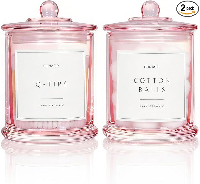 Ronasip Qtip Holder & Cotton Pad Dispenser, Bathroom Organizer and Storage Canisters, 16oz Glass Apothecary Jars for Kitchen, Restroom - Home Decor Accessories, Room Decor Aesthetic (2 Pack, Pink)