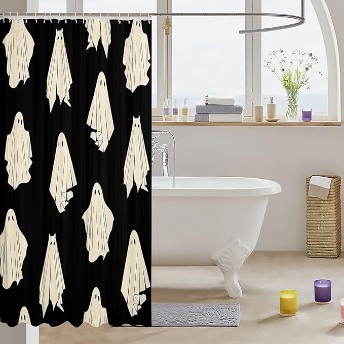 Castle Fairy Kids Halloween Ghost Printed Waterproof Shower Curtains,Black Halloween Theme Shower Curtain,Ghost Modern Bathroom Accessories,Machine Washable,72" X 78"
